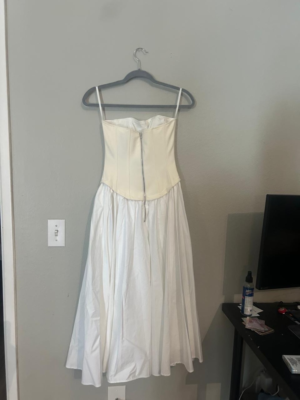 Strapless White Midi Dress with Gathered Skirt - Picture 3 of 4